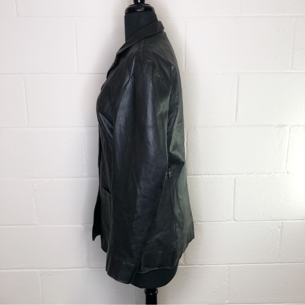 Vintage Black Leather Blazer Mob Wife 3 Button Two Pocket Front - Picture 2 of 11
